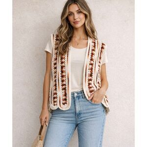 Crochet Sweater Vest Hippie Retro Grannycore Scallop Edge Oversized Handmade